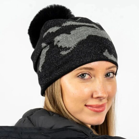 HAUTE SHORE COLORADO BLACK AND GRAY WOOL BLEND SLOUCHY BEANIE HAT- NEW - Picture 1 of 8
